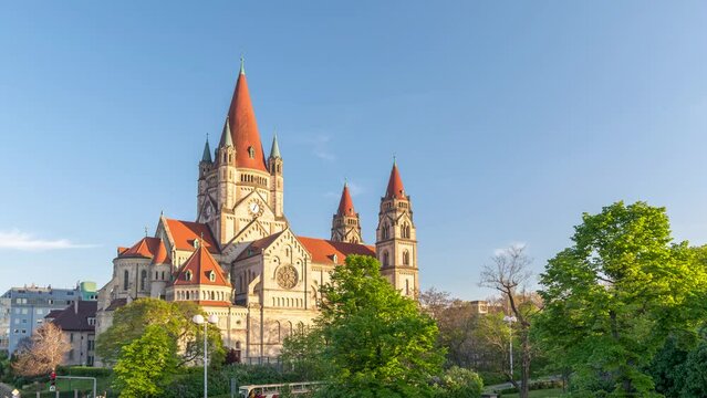Vienna Austria time lapse 4K, city skyline timelapse at St. Francis of Assisi Church