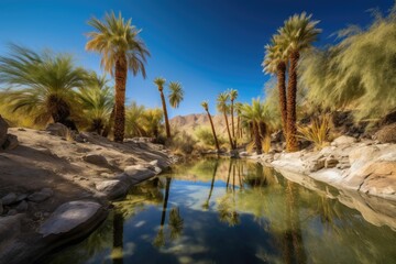Fototapeta na wymiar desert oasis with palm trees and clear blue skies, created with generative ai