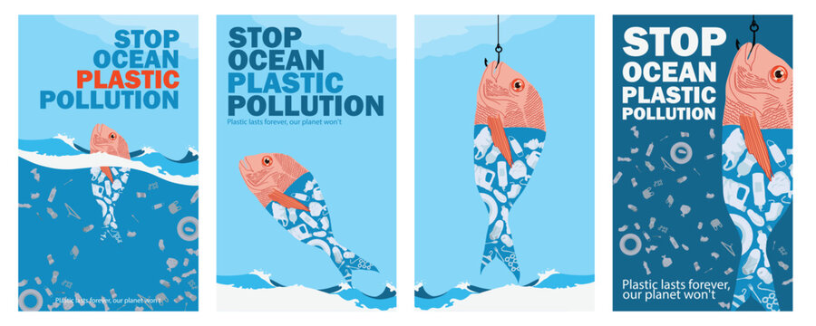 illustration stop ocean plastic pollution, protect nature and the environment. fish full of plastic waste. vector template for card, poster, banner, flyer.