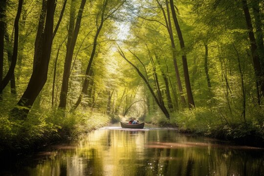 canoeing through a serene forest, with birdsong and sunlight filtering through the trees, created with generative ai