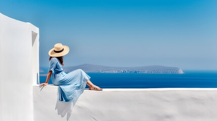 A tourist woman in a summer dress sits on a white wall in front of the blue sea. Generative AI - obrazy, fototapety, plakaty
