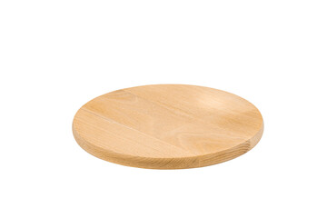 Kitchen utensils concept with round wooden cutting board isolated on a white background, with clipping path. Full Depth of field. Focus stacking, front view. PNG