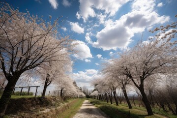 Obraz premium sunny day, with cherry blossom trees in full bloom and clouds in the sky, created with generative ai