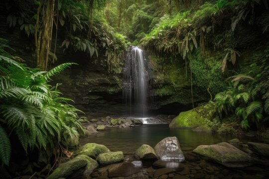 majestic waterfall surrounded by lush greenery and natural beauty, created with generative ai