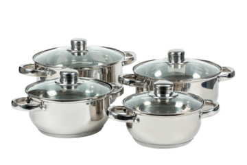 Set of for stainless steel cooking pot isolated over white background with clipping path. Full Depth of field. Focus stacking, front view. 