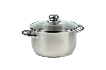 Closed stainless steel cooking pot isolated over white background with clipping path. Full Depth of field. Focus stacking, front view. PNG