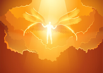 Fantasy art illustration of bright light Archangel with six wings in the open sky