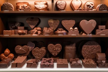 shelf filled with classic chocolate sculptures, including heart, star and flower shapes, created with generative ai