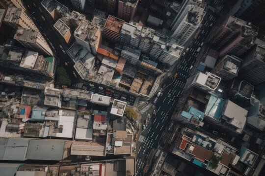aerial view of busy city, with drone capturing details of the bustling metropolis, created with generative ai