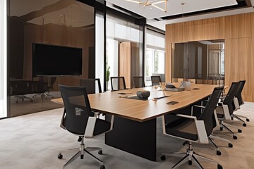 modern corporate meeting room, with sleek furniture and high-tech equipment, created with generative ai