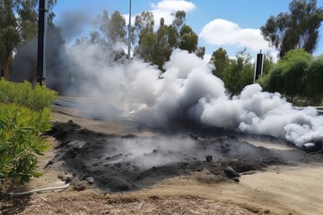 chemical spill with fumes rising from the ground and affecting nearby plants, created with generative ai