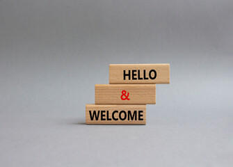 Hello and Welcome symbol. Concept words Hello and Welcome on wooden blocks. Beautiful grey background. Business and Hello and Welcome concept. Copy space.