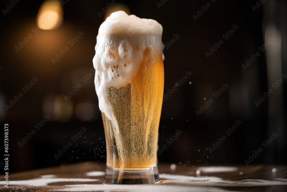 Poster fizzing glass of beer with heady foam on top, created with generative ai