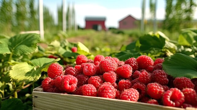 Organic raspberry in a wooden box on the field. Space for text, mockup, horizontal orientation, Generative AI
