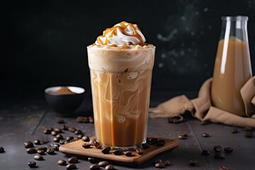 iced coffee latte with swirl of caramel sauce, topped with sprinkle of cinnamon, created with generative ai