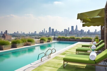 green rooftop terrace with lounge chairs and an infinity pool, surrounded by city skyline, created with generative ai