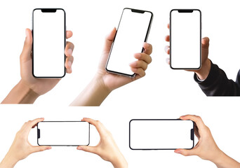 Obraz na płótnie Canvas Hand holding handphone smartphone on transparent background cutout, PNG file. Mockup template for artwork design. perspective positions many different angle, upright horizontal