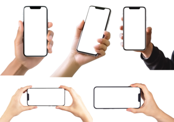 Hand holding handphone smartphone on transparent background cutout, PNG file. Mockup template for artwork design. perspective positions many different angle, upright horizontal