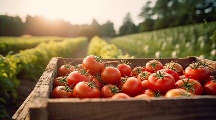 Organic tomato in a wooden box on the field. Space for text, mockup, horizontal orientation, Generative AI
 - obrazy, fototapety, plakaty