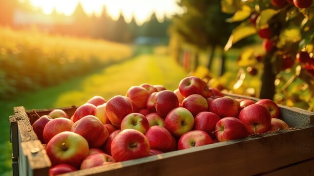 Organic red apples in a wooden box on the field. Space for text, mockup, horizontal orientation, Generative AI
