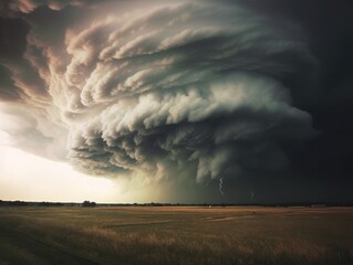 Obraz na płótnie Canvas category 5 tornado twister over fields in rural area showing big circular storm clouds, generative ai