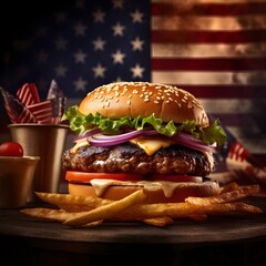 hamburger and french fries on american flag background