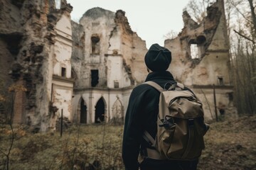 adventure traveler exploring historic ruins with backpack and camera, created with generative ai
