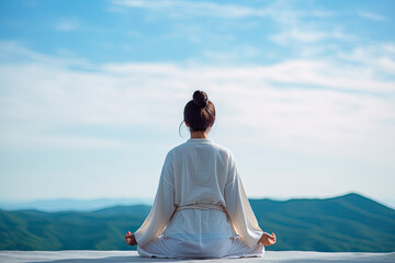 a woman meditating in a peaceful environment, back view. Generative AI