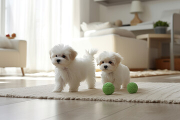 A litter of Maltese puppies playing with toys and balls in a bright living room. - obrazy, fototapety, plakaty