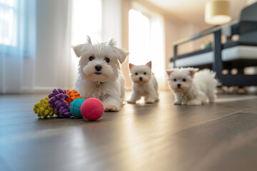 A litter of Maltese puppies playing with toys and balls in a bright living room. - obrazy, fototapety, plakaty