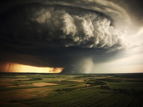 category 5 tornado twister over fields in rural area showing big circular storm clouds, generative ai