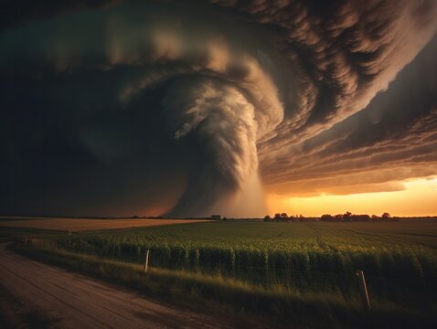 category 5 tornado twister over fields in rural area showing big circular storm clouds, generative ai © Felix