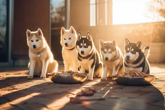 A litter of Siberian Husky puppies sitting around the bowl of food in the backyard on a sunny day.