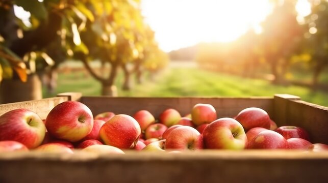 Organic red apples in a wooden box on the field. Space for text, mockup, horizontal orientation, Generative AI
