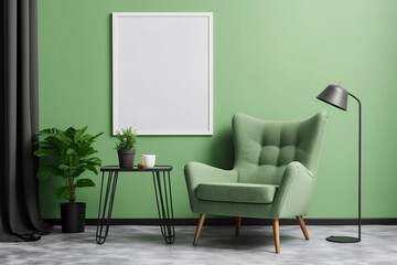 Vertical frame mock up in modern interior with green armchair and plant. Scandinavian style - Generative AI
