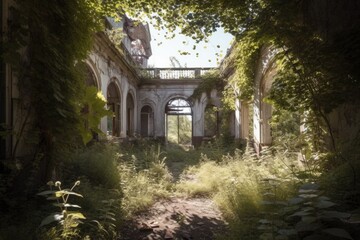 Fototapeta na wymiar overgrown and forgotten garden in abandoned villa, created with generative ai