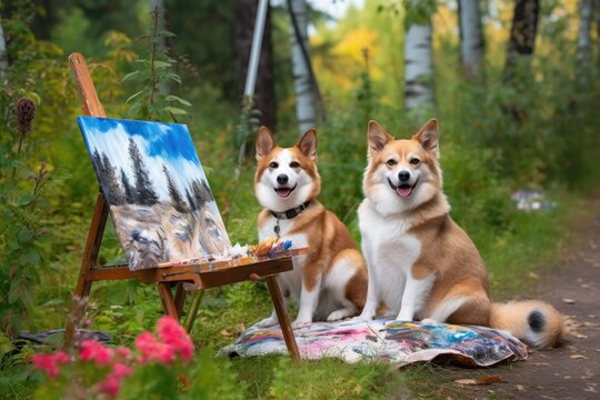 dog and cat artists painting outdoors in beautiful park setting, created with generative ai
