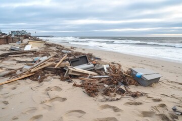 Fototapeta na wymiar beach cleanup after storm, with debris and wreckage from the storm visible, created with generative ai
