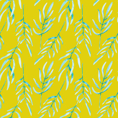 Seamless pattern with branches of leaves on yellow background. Digital watercolor design for print