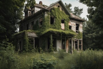 abandoned house, with peeling paint and broken windows, surrounded by overgrown vegetation, created with generative ai