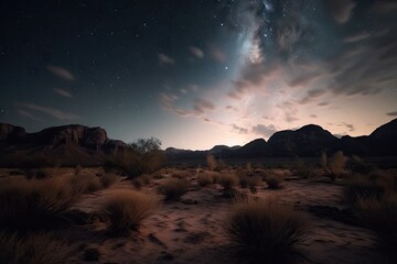 majestic desert landscape with night skies filled with stars and moonlight, created with generative ai