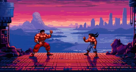 A retro computer game fighter level. Pixel art arcade video. Generative AI