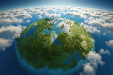 the earth from space in the form of a globe with clouds, green land and blue oceans, created with generative ai