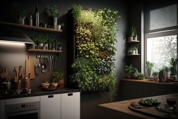 vertical garden with herbs and spices on kitchen wall, created with generative ai