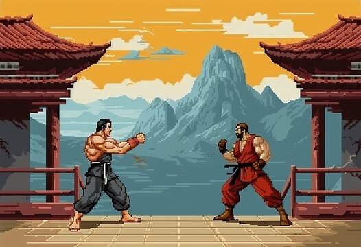 A retro computer game fighter level. Pixel art arcade video. Generative AI