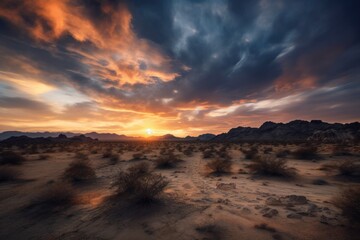 Fototapeta na wymiar desert landscape with dramatic sunrise and cloud formation, created with generative ai