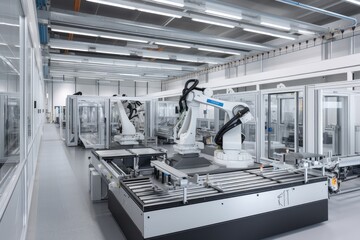 Naklejka premium cutting-edge factory, with robots and other advanced technologies seamlessly integrated into the production process, created with generative ai