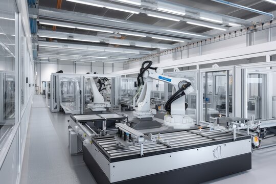 cutting-edge factory, with robots and other advanced technologies seamlessly integrated into the production process, created with generative ai