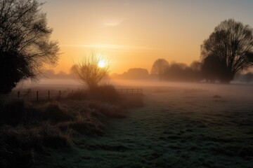 dawn mist hanging in the air over the meadows, with the sun rising gradually behind, created with generative ai
