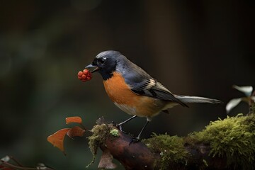 Obraz premium male redstart feeding on berry in the forest, created with generative ai